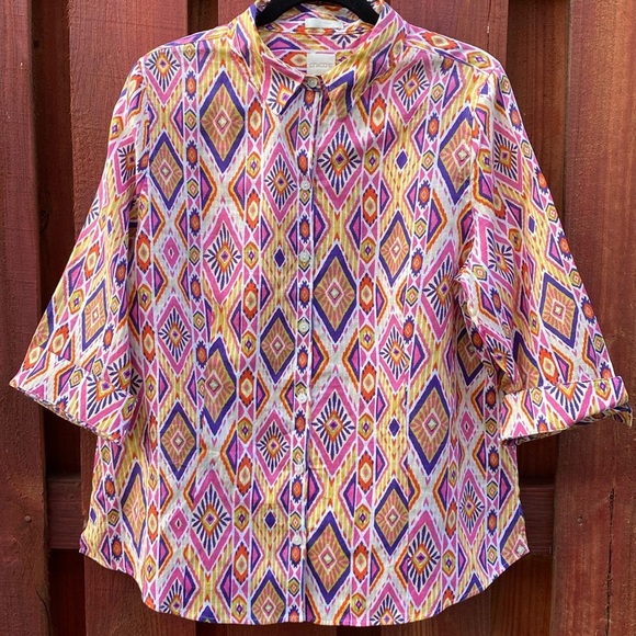 Chico’s Ikat Linen Button-Back Shirt % Linen No Iron Women’s Size L - Picture 2 of 16